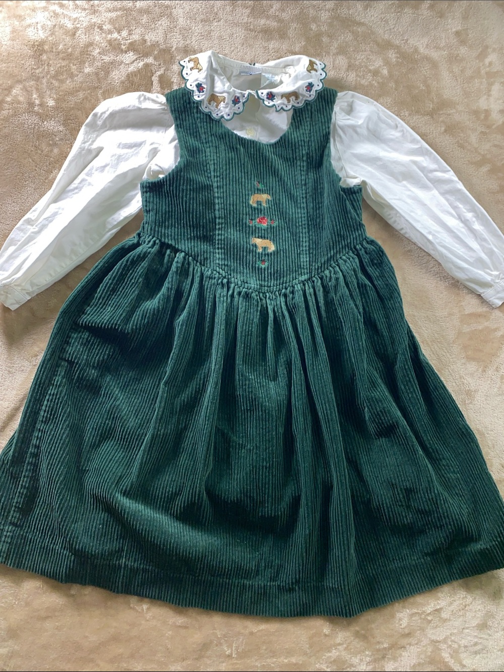 Vintage Hartstrings Dark Green Corduroy Pinafore Dress with Horse Embroidery